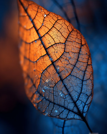 Generative AI dewy leaf skeleton texture, leaf background with veins and cells - macro photographyの素材