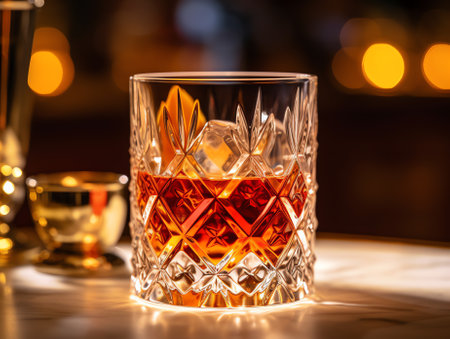 Generative AI A close up shot of a glass cocktail with fine luxury whisky.の素材
