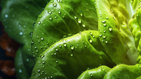 Generative AI Green wet salad with water drops. Macro shot, wallpaper, backgroundの素材