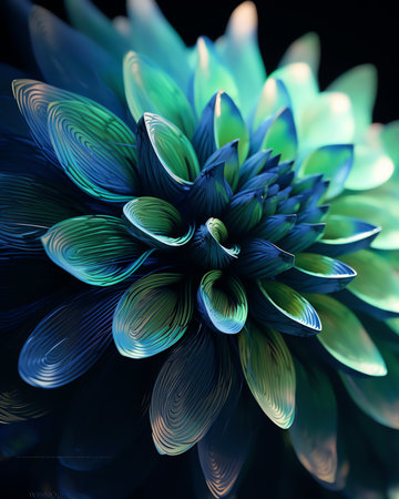 Generative AI Blue-green chrysanthemum flower close-up. Macro shot. Summer and spring multi-color floral background.の素材