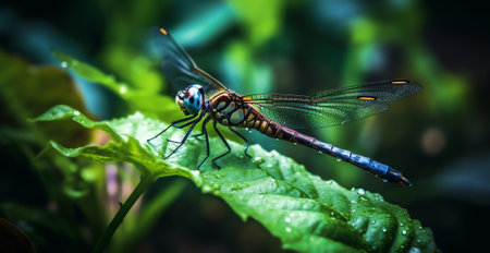 Generative AI Macro shot of dragon fly. Dragon flies insect perched in a little branch isolated against beautiful blurry background. Dragonfly macro shot in Spainの素材