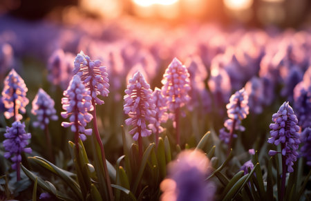 Generative AI Large flower bed with multi-colored hyacinths, traditional easter flowers, flower background, easter spring background. Close up macro photo, selective focus. Ideal for greeting festive postcard.の素材
