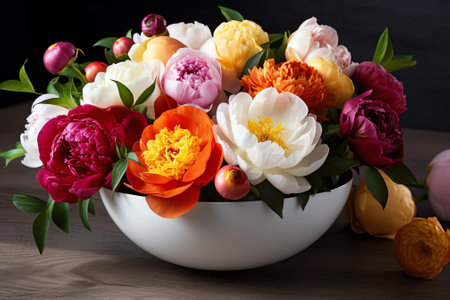 Generative AI Interior decoration with bowl full of ranunculus flower head on concrete tableの素材