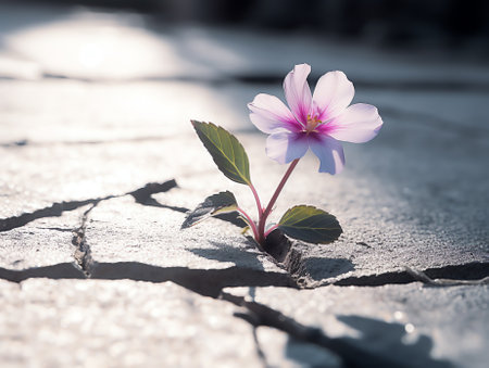 Generative AI Purple flower growing on crack street, soft focus, blank textの素材