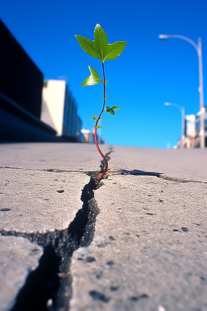 Generative AI Purple flower growing on crack street, soft focus, blank textの素材