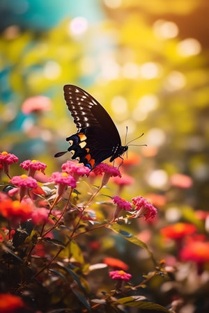 Generative AI Close up shot of a butterfly sitting on bright pink flowersの素材
