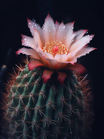 Generative AI Bright red-pink cactus succulent on soft light gentle focus background. Beautiful natural cactus, top viewの素材