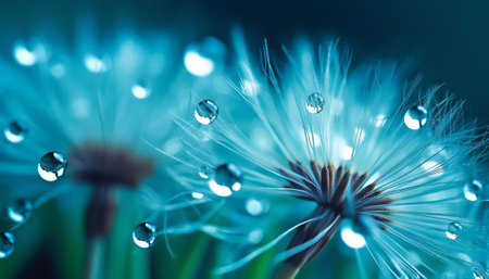 Generative AI Blue abstract dandelion flower background, extreme closeup with soft focus, beautiful nature detailsの素材
