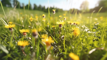 Generative AI Beautiful flowers of yellow dandelions in nature in warm summer or spring on meadow against blue sky, macro. Dreamy artistic image of beauty of environment.の素材
