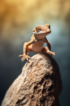 Generative AI Viviparous lizard close-up. Brown beautiful lizard on a wooden background macro photography. Lizard is sitting on a tree.の素材