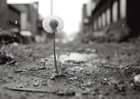 Generative AI Black and white photo with the dandelions . Macro of dandelion with drops .の素材