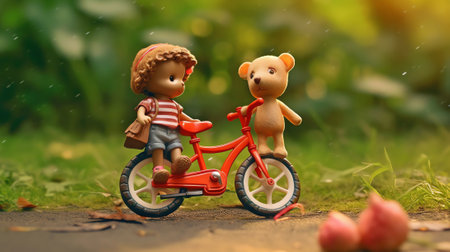 Generative AI Miniature couple traveling through the countryside on vintage motorcycles at dawn. Macro photographyの素材