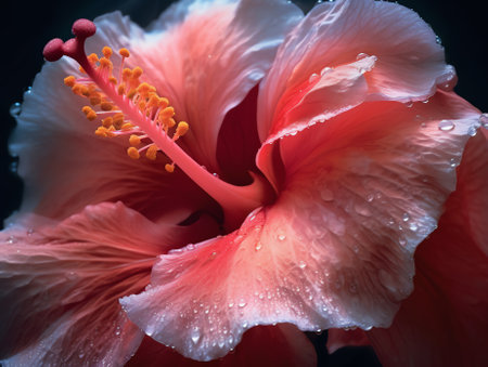 Generative AI A macro close up photography double peach of Hibiscus petals blooming flowers in the nursery garden.の素材
