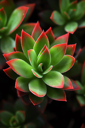 Generative AI Macro photo of succulents. Natural background with succulent. Neon green background with plants texture.の素材