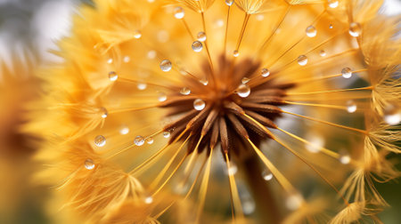 Generative AI Water droplets on a Dandelion flower macro close-up morning sunshine with bokeh lights. Dandelion seed with reflection.の素材