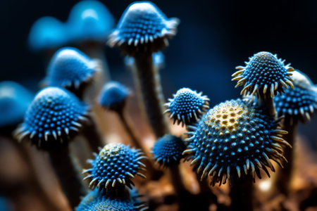 Generative AI Macro Photography Top View of Desert Plant in Blue Tones Horizontalの素材