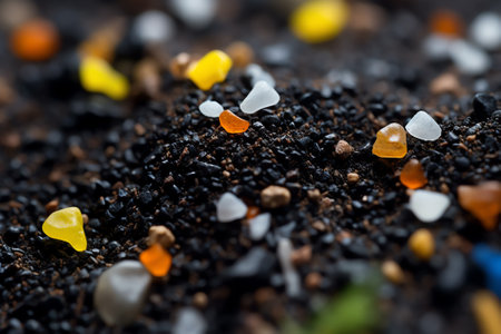 Generative AI Macro shot of mixed yellow and black sand on the beach.の素材