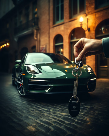 Generative AI Caucasian male hand holding a car key fob. Close up studio macro shot.の素材