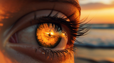 Generative AI Macro shot of brown eye at sunsetの素材