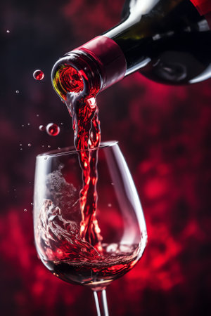 Generative AI Red wine on black background, abstract splashing. Macro shot .の素材