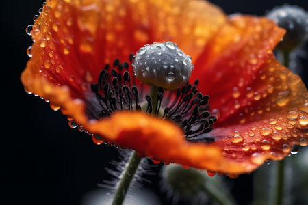 Generative AI Poppy flower after rain. High quality photo. Selective focusの素材