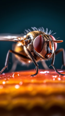 Generative AI closeup macro shot of common fruit fly found on a leaf in Adelaide, South Australiaの素材
