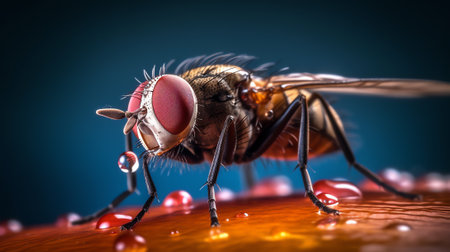 Generative AI Close-up detail of housefly on the leaf. Close up macro shot. Horizontal macro photography view. Close up macro shot. Horizontal macro photography view. High quality image.の素材