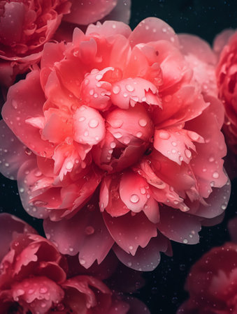 Generative AI Light gentle pink background from peony petals. Peony flower in dew drops close up. Peony in drops of water, close-up. Background with flowers.の素材