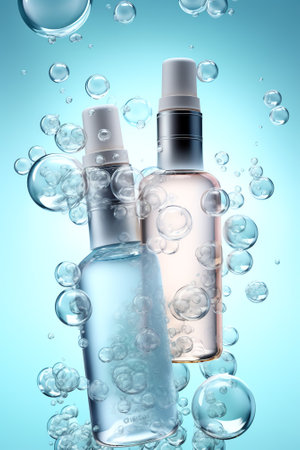Generative AI Macro shot of soap bubbles connected tight each to other creating bubble grid against pale blue background | Macro shot of skin care cosmetics ingredients for its commercialの素材