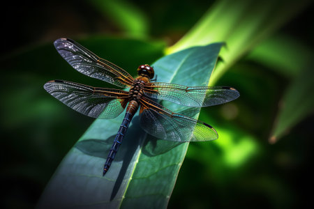 Generative AI macro shot dragonfly on a green leafの素材