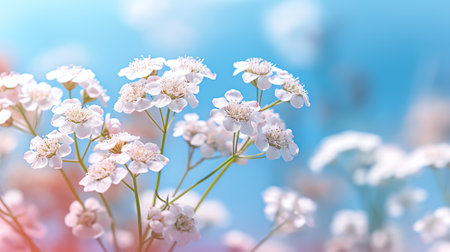 Generative AI Small white flowers on a toned on gentle soft blue and pink background outdoors close-up macro . Spring summer border template floral background. Light air delicate artistic image, free space.の素材