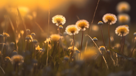 Generative AI Beautiful flowers of yellow dandelions in nature in warm summer or spring on meadow in sunlight, macro. Dreamy artistic image of beauty of nature. Soft focus.の素材