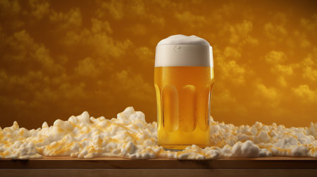 Generative AI Glass of beer with foam. Mug of beer on an orange background. Close-up.の素材