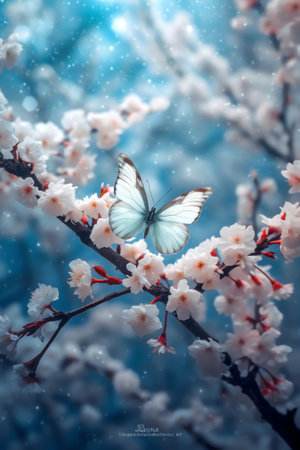 Generative AI Beautiful blue butterfly in flight over branch of flowering apricot tree in spring at Sunrise on light blue and violet background macro. Amazing elegant artistic image nature in spring.の素材