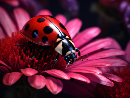 Generative AI Two ladybugs on a pink spring flower. Flight of an insect. Artistic macro image. Concept spring summer. Free space.の素材