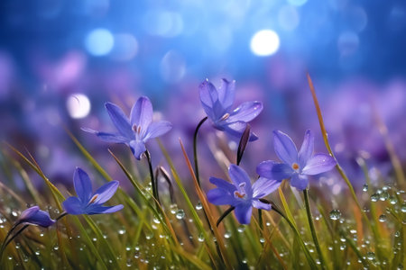 Generative AI wild blue flowers and grass closeup, horizontal panorama photoの素材