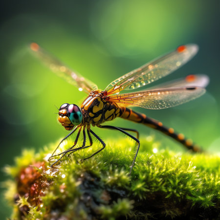 Generative AI Dragonfly Gomphus vulgatissimus in front of green background macro shot with dew. on the wings. Blue flowers in the morning of a sunny summer day.の素材