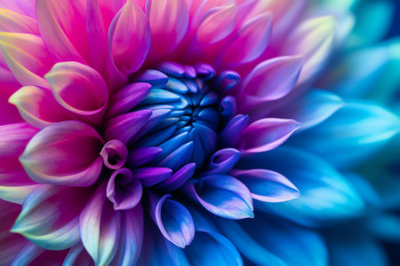 Generative AI Blue-green chrysanthemum flower close-up. Macro shot. Summer and spring multi-color floral background.の素材