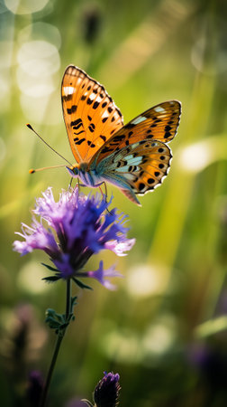 Generative AI Wild flowers of clover and butterfly in a meadow in nature in the rays of sunlight in summer in the spring close-up of a macro. A picturesque colorful artistic image with a soft focusの素材