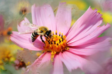 Generative AI A flower with a bee and blur backgroundの素材