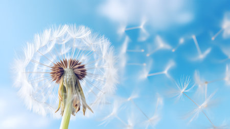 Generative AI Natural pastel background. Morpho butterfly and dandelion. Seeds of a dandelion flower on a background of blue sky with clouds. Copy spacesの素材