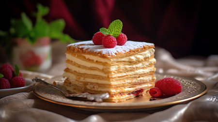 Generative AI Close up Puff pastry layered cake Napoleon with vanilla cream filling on a cyan blue dishes. Macro photographyの素材