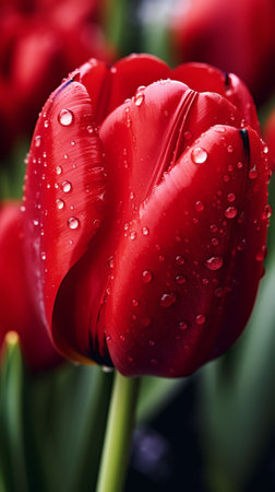 Generative AI Macro shot of tulip with water drops, Keukenhof flower garden, Lisse, Netherlandsの素材
