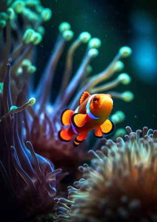 Generative AI Beautiful clown fish nemo in the sea anemone. Detail of anemone fish hiding in Andaman sea, Thailand. Underwater macro photography. Scuba diving in Thailand.の素材