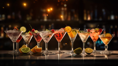 Generative AI Fresh various cocktails on the bar, dark toned backgroundの素材