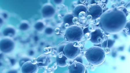 Generative AI blue biotechnology texture,Transparent blue abstract molecule model over blurred blue molecule background. Concept of science, chemistry, medicine and microscopic research.の素材