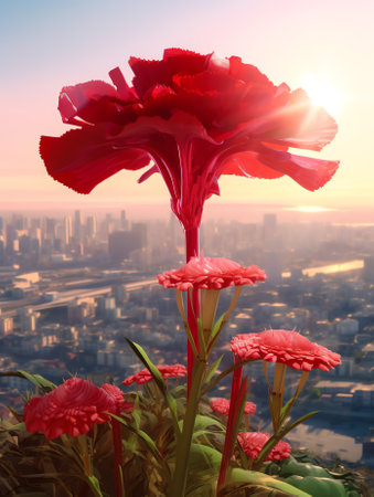Generative AI High resolution low angle close up macro photography of beautiful red flower in front of sunrise in winter with copy space. Warm sunshine made red petal transparently and turn in to pink flower.の素材