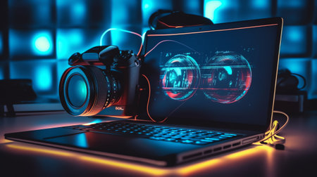 Generative AI Digital Photography Workstation. Modern Digital DSLR Camera, Laptop Computer and Display.の素材