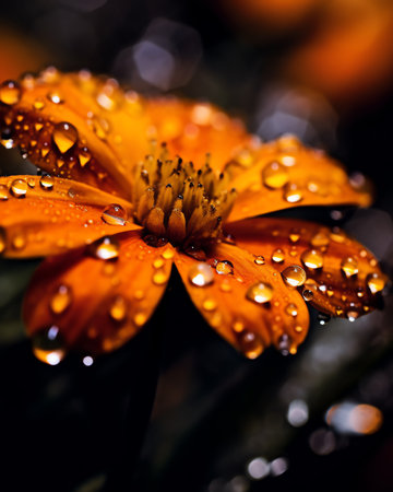 Generative AI Macro shot of water drops on orange daisy flower (gerbera).の素材