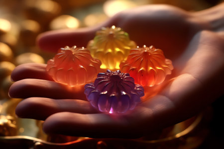 Generative AI macro shot of colorful cupcake bakery soaps with pink orange icing with small shells and transparent resin mermaid tail made for home industryの素材